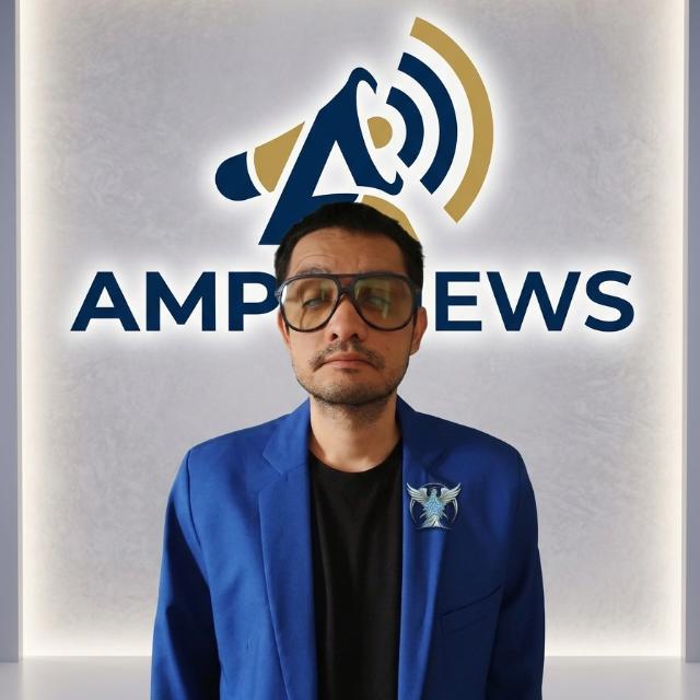 Foto / Reprodução - Jornalista Guilherme Kalel em painel  com a logo da Amplinews